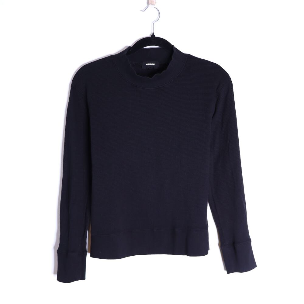 MONROW Mock Neck Top Black Waffle Knit Long Sleeve Women's S